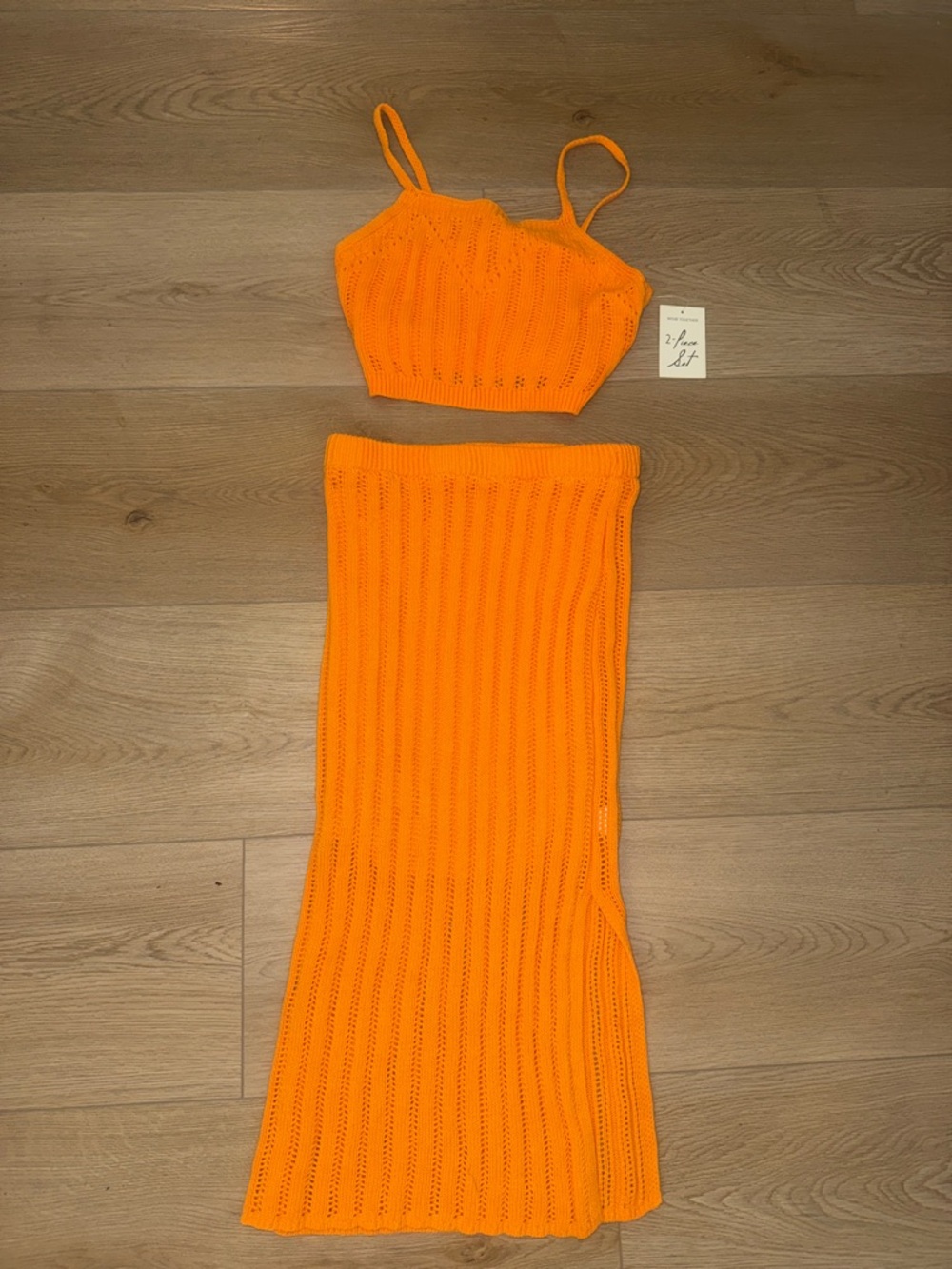 Orange Knit Two-Piece Dress Set - Spaghetti Strap Crop Top & Maxi Skirt
